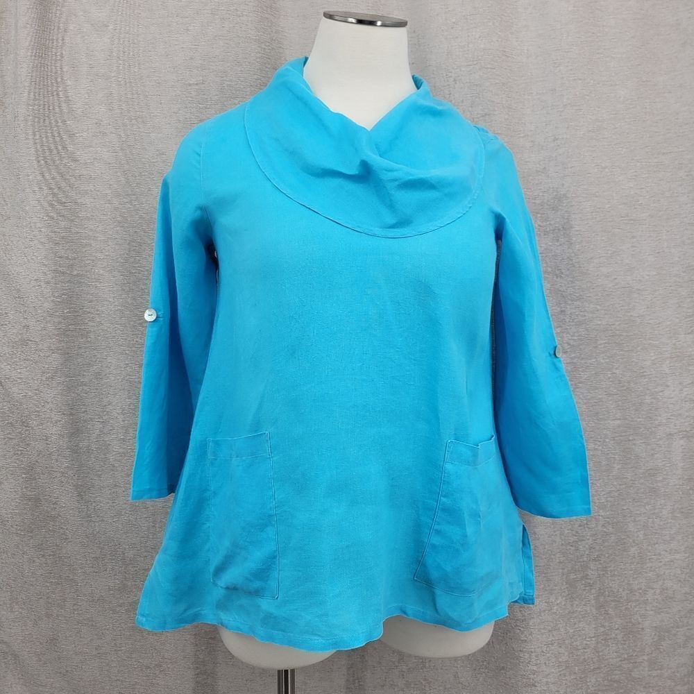 Ali Miles Linen Blue Cowl Neck Tunic Women's Top Roll Tab Sleeves - Picture 2 of 12